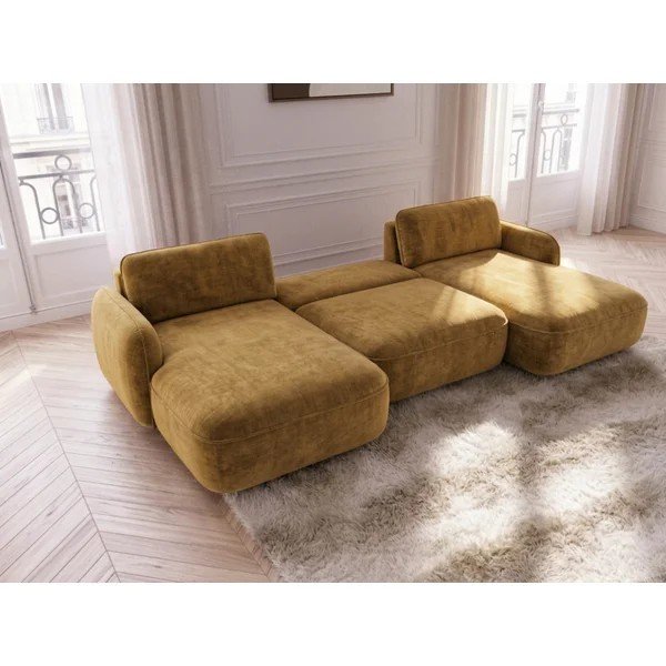 Żółty aksamitny rozkładany/ze schowkiem narożnik (w kształcie litery U) Celeste – Bobochic Paris-image-3