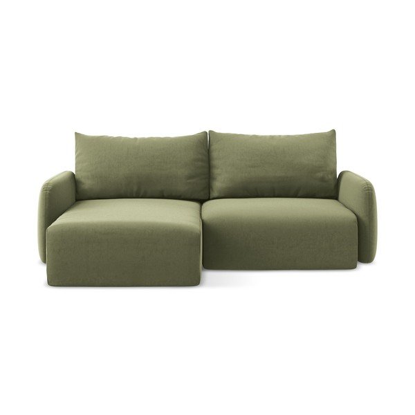 Zielony aksamitny rozkładany/ze schowkiem narożnik (lewostronny/z szezlongiem) Kalena – Makamii