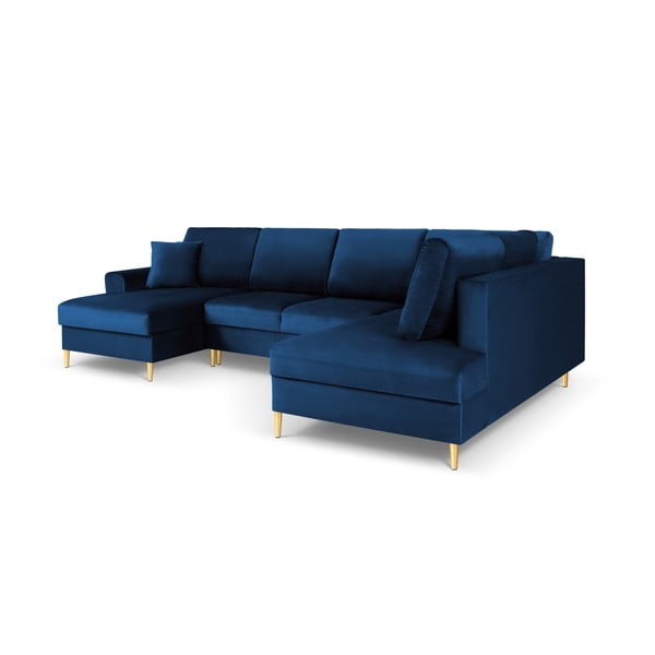 Niebieski aksamitny rozkładany narożnik ze schowkiem (prawostronny/w kształcie litery U) Kyoto – Cosmopolitan Design-image-3