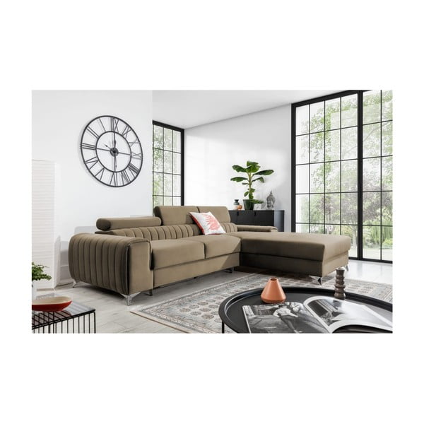 Jasnobrązowy aksamitny rozkładany/ze schowkiem narożnik (prawostronny/z szezlongiem) Grayson – ELTAP-image-1