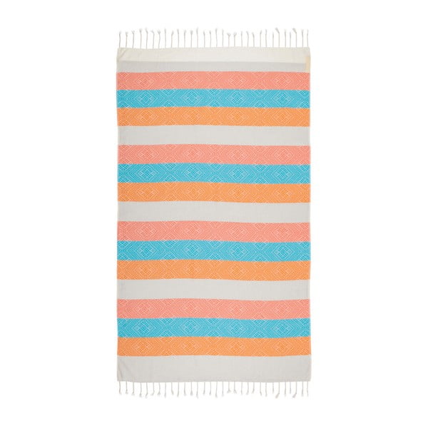 Pomarańczowo-turkusowy ręcznik hammam Begonville Waves, 180x95 cm