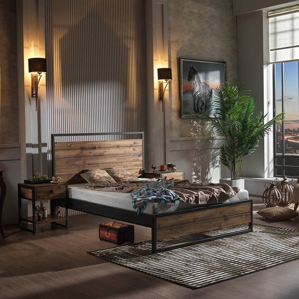 Czarno-naturalne łóżko dwuosobowe ze stelażem 140x200 cm Ariane – Kalune Design-image-1