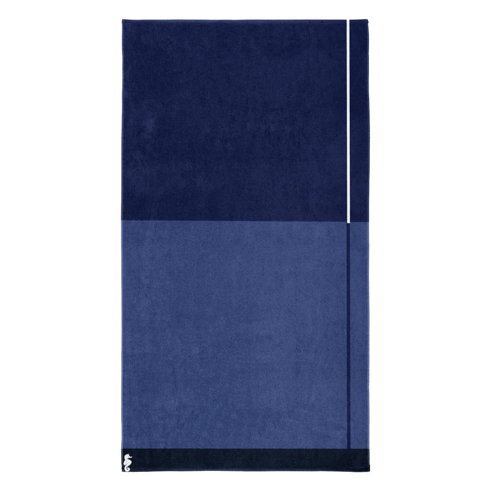 Ciemnoniebieski ręcznik bawełniany Seahorse Block, 180 x 100 cm