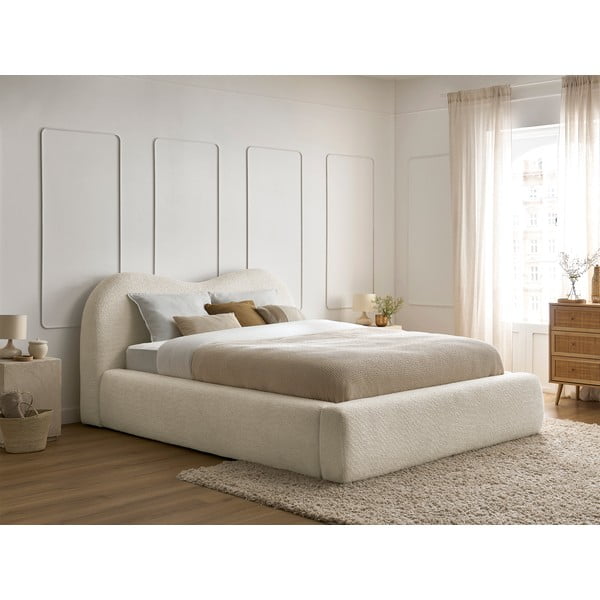 Beżowe tapicerowane łóżko dwuosobowe ze schowkiem i stelażem 160x200 cm Orlane – Bobochic Paris-image-1