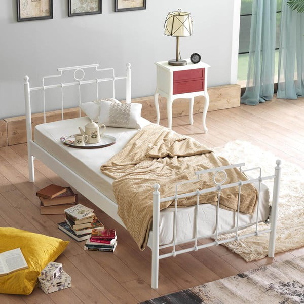 Białe metalowe łóżko jednoosobowe ze stelażem 120x200 cm Hatkus – Kalune Design-image-2