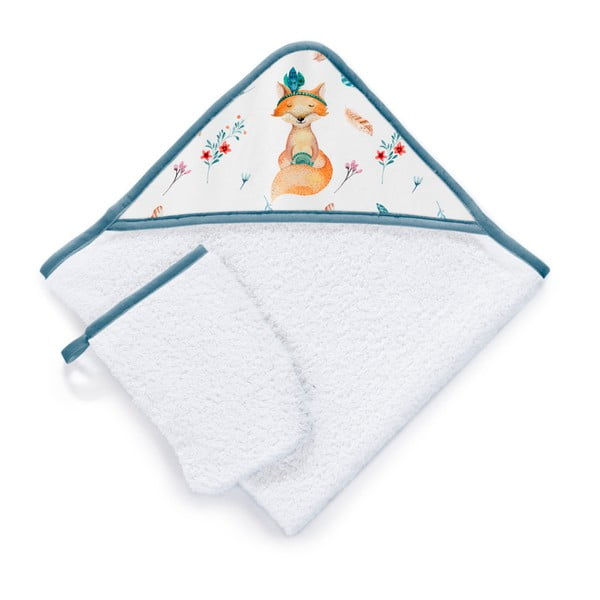 Zestaw ręcznika kąpielowego z kapturem i rękawicy kąpielowej Tanuki Fox, 75x75 cm