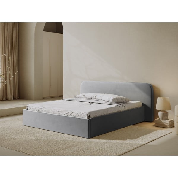 Jasnoszare tapicerowane łóżko dwuosobowe ze schowkiem i stelażem 200x200 cm Elizabeth – Micadoni -image-1