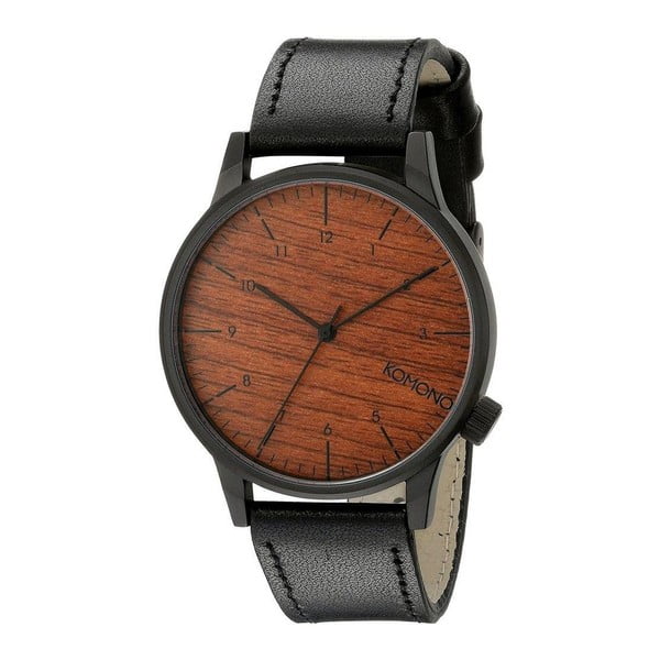Czarny zegarek męski ze skórzanym paskiem i cyferblatem z dekorem drewna Komono