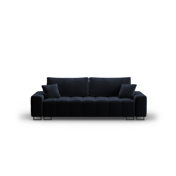 Ciemnoniebieska aksamitna rozkładana sofa ze schowkiem 250 cm Wicklow – Cosmopolitan Design