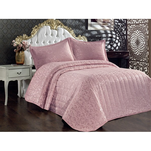 Różowy bawełniany pikowany zestaw narzuty na łóżko dwuosobowe i poszewek na poduszkę 240x260 cm Bulut – Mijolnir