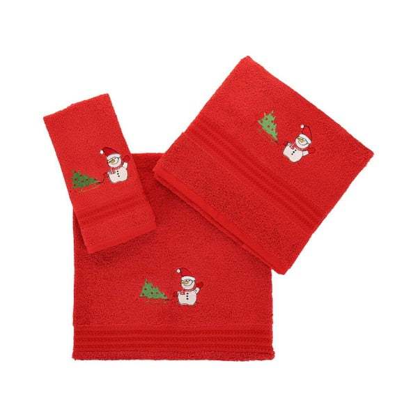 Zestaw 3 czerwonych świątecznych ręczników Snowy