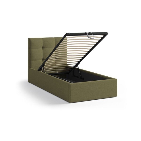 Zielone tapicerowane łóżko jednoosobowe ze schowkiem i stelażem 90x200 cm Phaedra – Micadoni -image-1