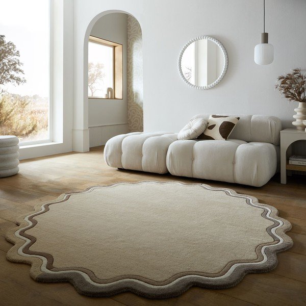 Wełniany okrągły dywan tkany ręcznie w naturalnym kolorze ø 180 cm Leo Scallop – Flair Rugs-image-1