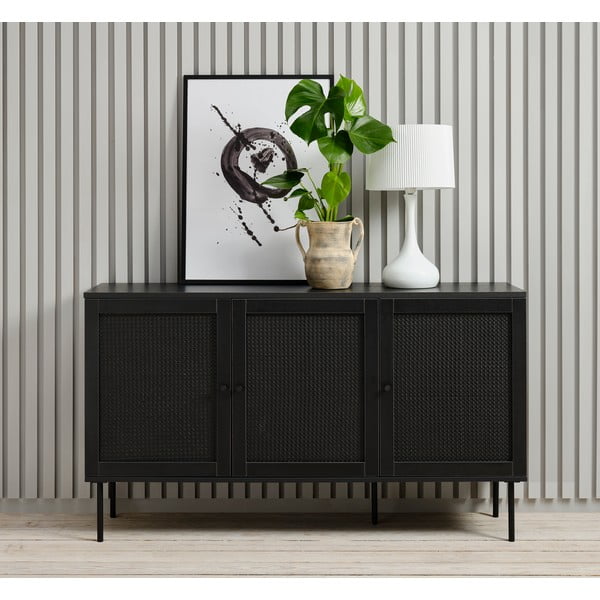 Czarna niska komoda w dekorze dębu 140x80 cm Pensacola – Unique Furniture-image-1