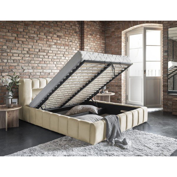 Beżowe tapicerowane łóżko dwuosobowe ze schowkiem ze stelażem 160x200 cm Lamica – ELTAP-image-3