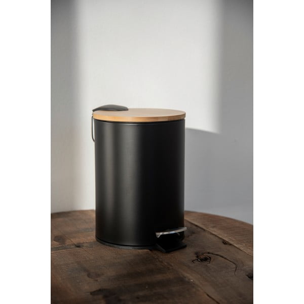 Czarny kosz na śmieci z bambusową pokrywą Wenko Tortona, 3 l-image-1