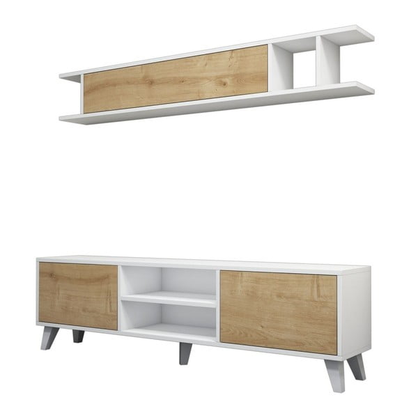 Komplet białej szafki pod TV i półki z detalami z dekorem drewna sosnowego Muzzo Italo