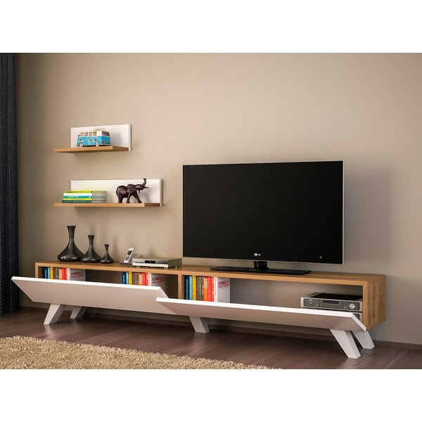 Biały zestaw pod TV w dekorze orzecha 60x14,5 cm Amerika – Kalune Design-image-3