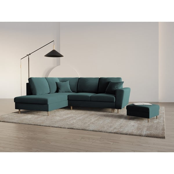 Morski aksamitny rozkładany narożnik ze schowkiem (lewostronny/w kształcie litery L) Kyoto – Cosmopolitan Design-image-2