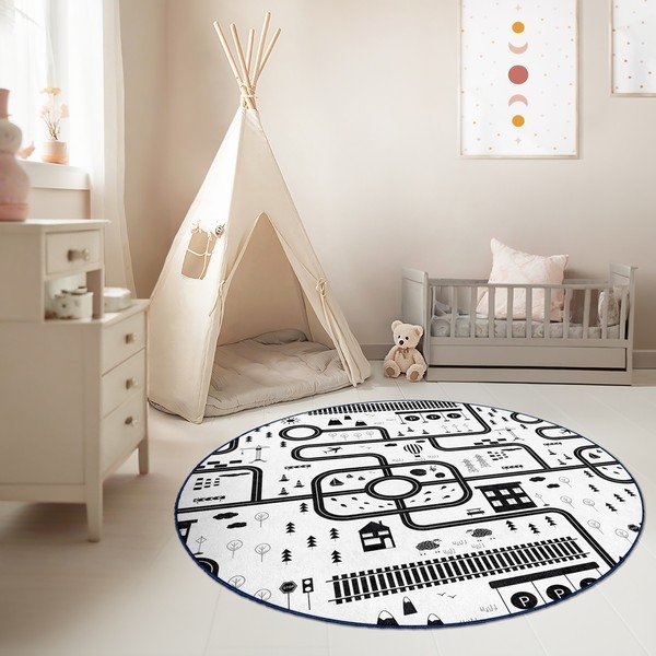 Czarno-biały dziecięcy dywan do zabawy odpowiedni do prania ø120 cm In My Town – Mila Home-image-2