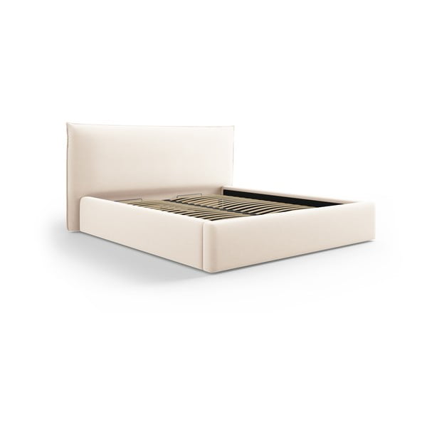 Kremowe tapicerowane łóżko dwuosobowe ze schowkiem i stelażem 160x200 cm Elio – Milo Casa