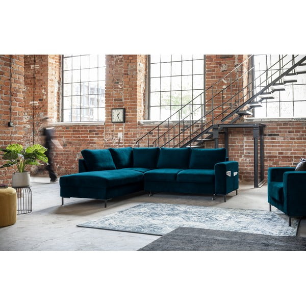 Turkusowy aksamitny rozkładany narożnik (lewostronny) Lofty Lilly – Miuform-image-1