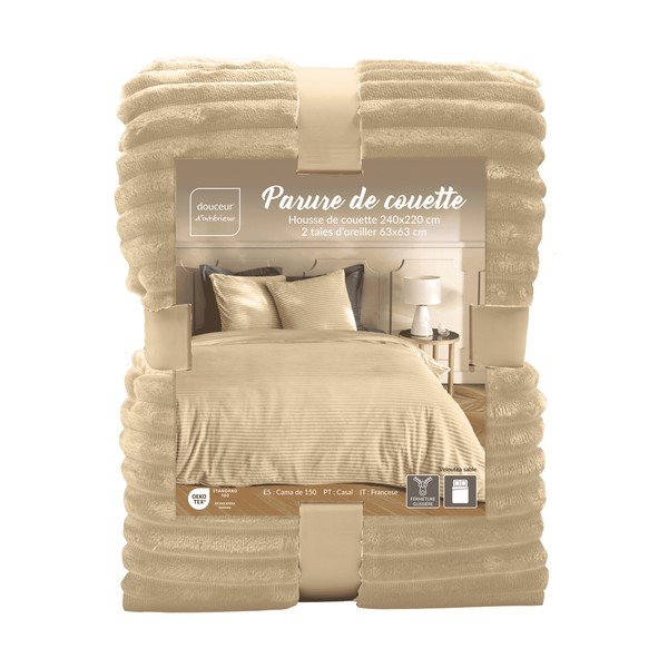 Beżowa flanelowa pościel dwuosobowa 3-częściowa 240x220 cm Veloutea – douceur d'intérieur-image-4