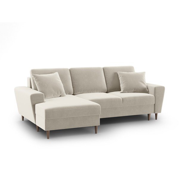 Beżowy aksamitny rozkładany narożnik ze schowkiem (lewostronny/z szezlongiem) Kyoto – Cosmopolitan Design-image-1