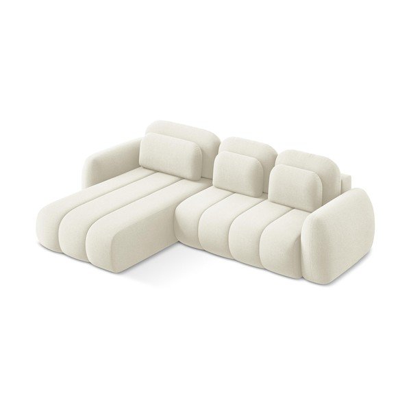 Beżowy rozkładany narożnik z materiału bouclé ze schowkiem (lewostronny/z szezlongiem) Pele – Makamii-image-2