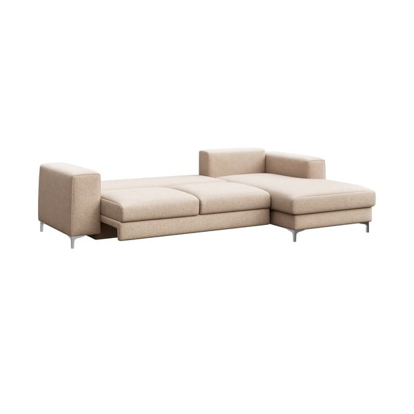 Beżowy rozkładany narożnik ze schowkiem z materiału bouclé (prawostronny/z szezlongiem) Rene – Rodier-image-3