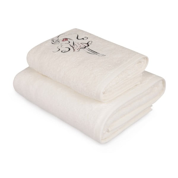 Komplet białego ręcznika i białego ręcznika kąpielowego z kolorowym detalem Belle