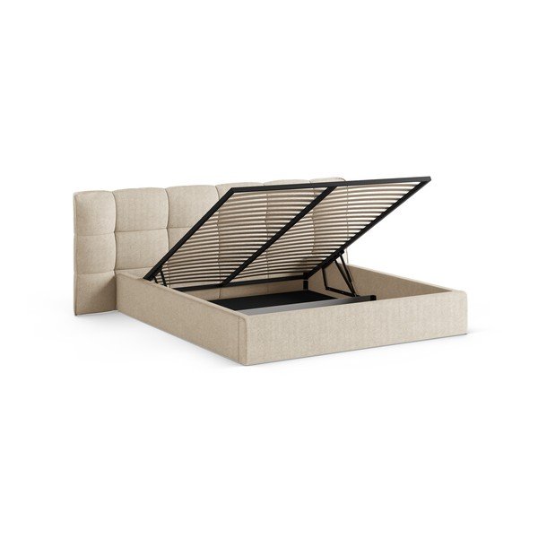 Beżowe tapicerowane łóżko dwuosobowe ze schowkiem i stelażem 140x200 cm Eric – Micadoni -image-2