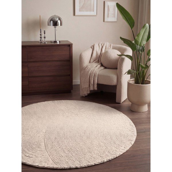 Wełniany okrągły dywan tkany ręcznie w jasnym naturalnym kolorze ø 120 cm Calmio – Hanse Home-image-1