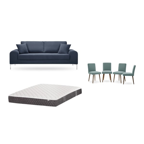 Zestaw 3-osobowej ciemnoniebieskiej sofy, 4 szarozielonych krzeseł i materaca 160x200 cm Home Essentials