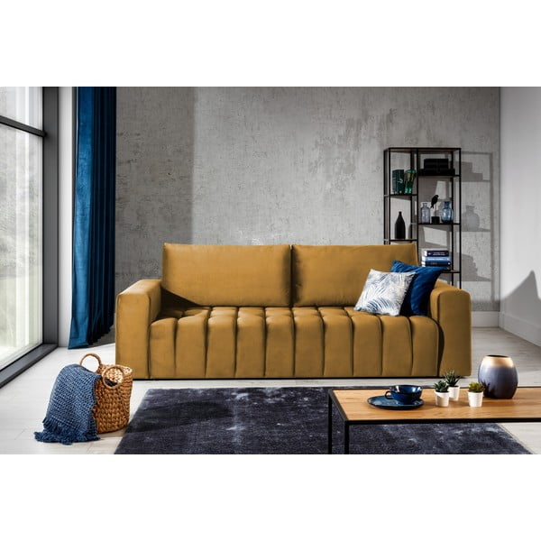 Żółta aksamitna rozkładana/ze schowkiem sofa 247 cm Lazaro – ELTAP-image-1