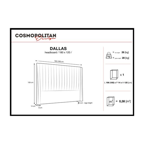 Czarny zagłówek łóżka Cosmopolitan design Dallas, 180x120 cm-image-4
