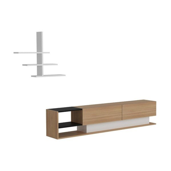 Biały zestaw pod TV w dekorze egzotycznego drewna 180x40 cm Liza - Kalune Design