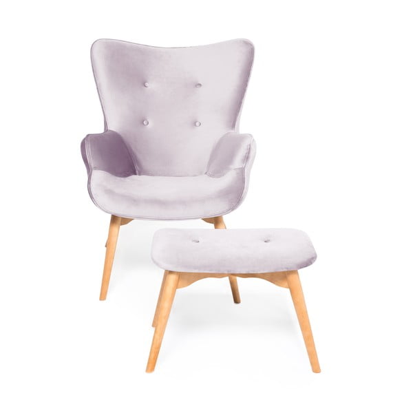 Lawendowy fotel z podnóżkiem i nogami w naturalnym kolorze Vivonita Cora Velvet-image-2