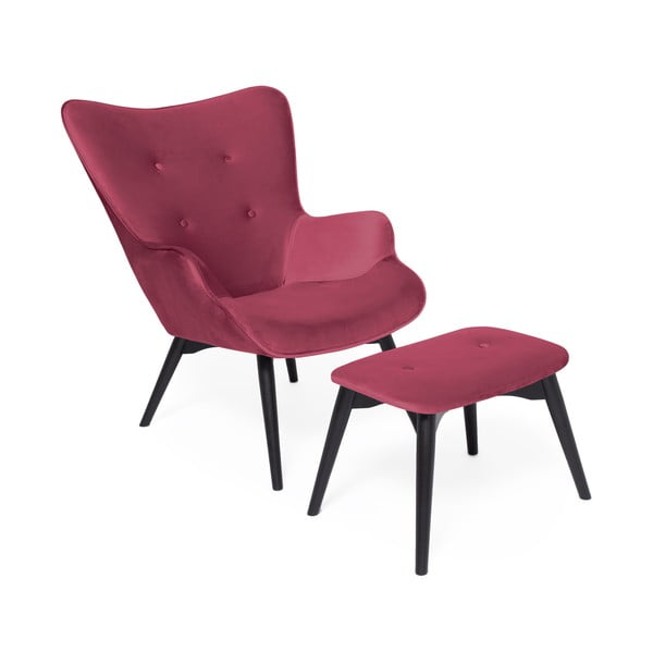 Różówoczerwony fotel z podnóżkiem i nogami w ciemnym kolorze Vivonita Cora Velvet