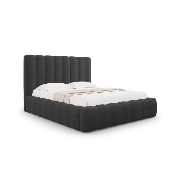 Antracytowe tapicerowane łóżko dwuosobowe ze schowkiem i stelażem 160x200 cm Kelp – Micadoni Home-image-1