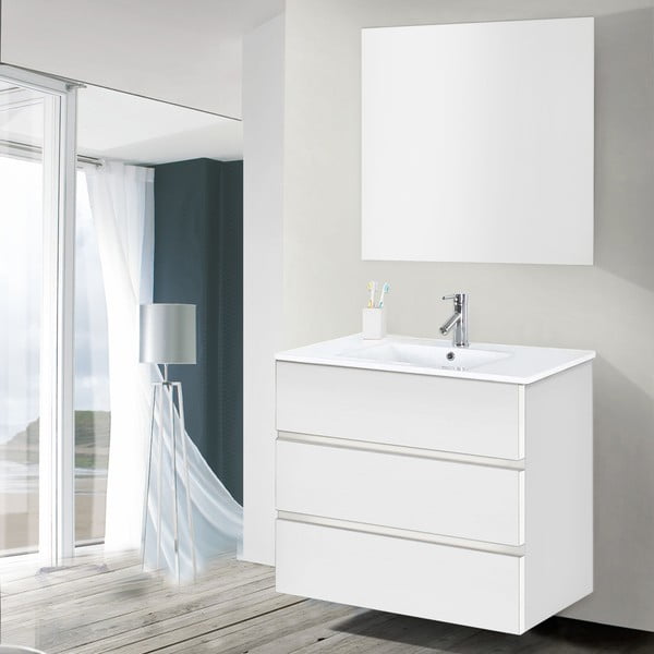 Szafka do łazienki z umywalką i lustrem Nayade, odcień bieli, 80 cm