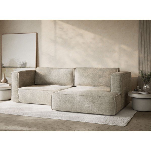 Beżowy rozkładany/ze schowkiem narożnik z tkaniny szenilowej (prawostronny/z szezlongiem) Velto – Maison de Rêve-image-4