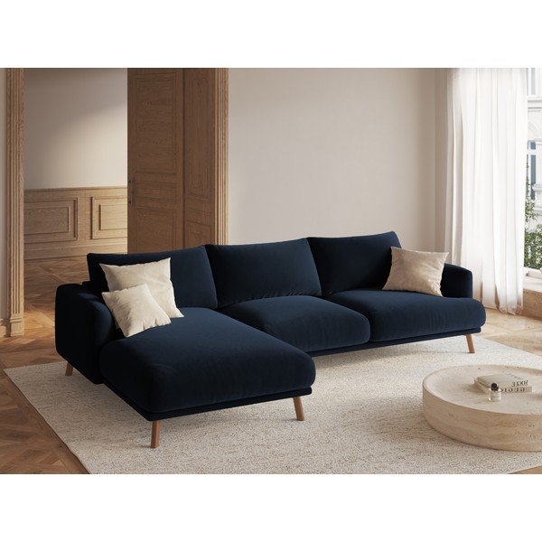 Ciemnoniebieski aksamitny narożnik (lewostronny/z szezlongiem) Naomi – Micadoni -image-1