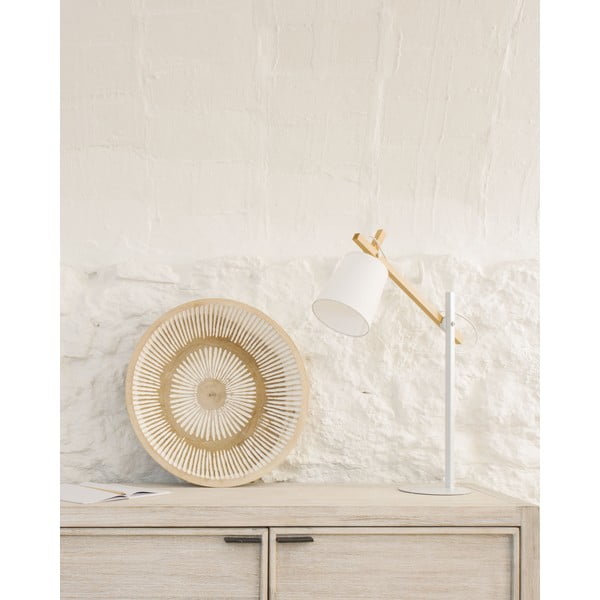 Biała lampa stołowa z litego drewna akacjowego z tekstylnym kloszem (wysokość 65 cm) Kosta – Kave Home-image-1