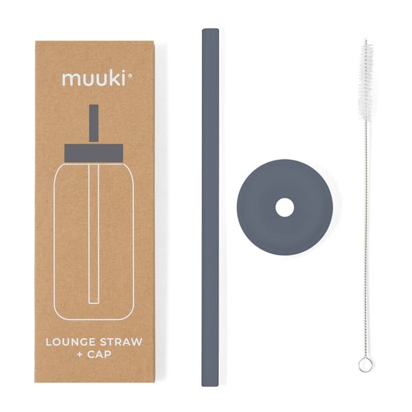 Silikonowa słomka z wieczkiem i szczoteczką w komplecie Smoke Grey – Muuki