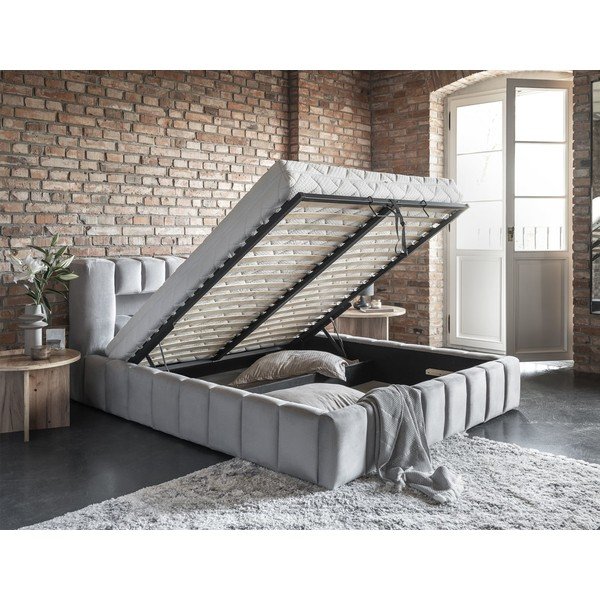 Jasnoszare tapicerowane łóżko dwuosobowe ze schowkiem ze stelażem 180x200 cm Lamica – ELTAP-image-3