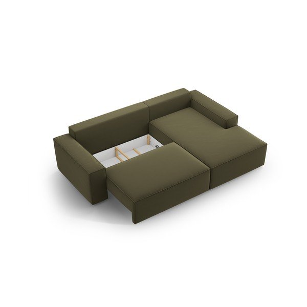 Zielony aksamitny rozkładany/ze schowkiem narożnik (prawostronny/z szezlongiem) Jodie – Micadoni -image-4