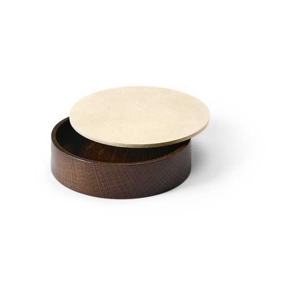 Brązowo-kremowy drewniany/ze skóry ekologicznej pojemnik dekoracyjny z pokrywką ø 11x3,5 cm Circle Nupo – LIND DNA-image-1