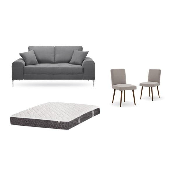 Zestaw 2-osobowej szarej sofy, 2 szarobrązowych krzeseł i materaca 140x200 cm Home Essentials