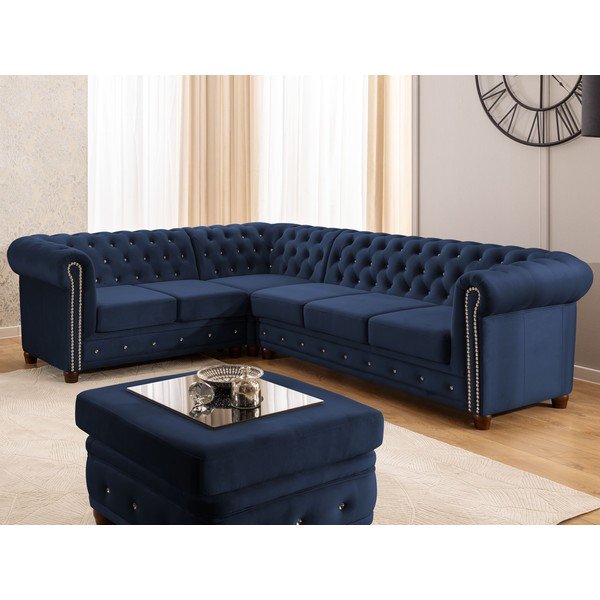 Niebieski aksamitny rozkładany narożnik (lewostronny/w kształcie litery L) York Blik – Ropez-image-1